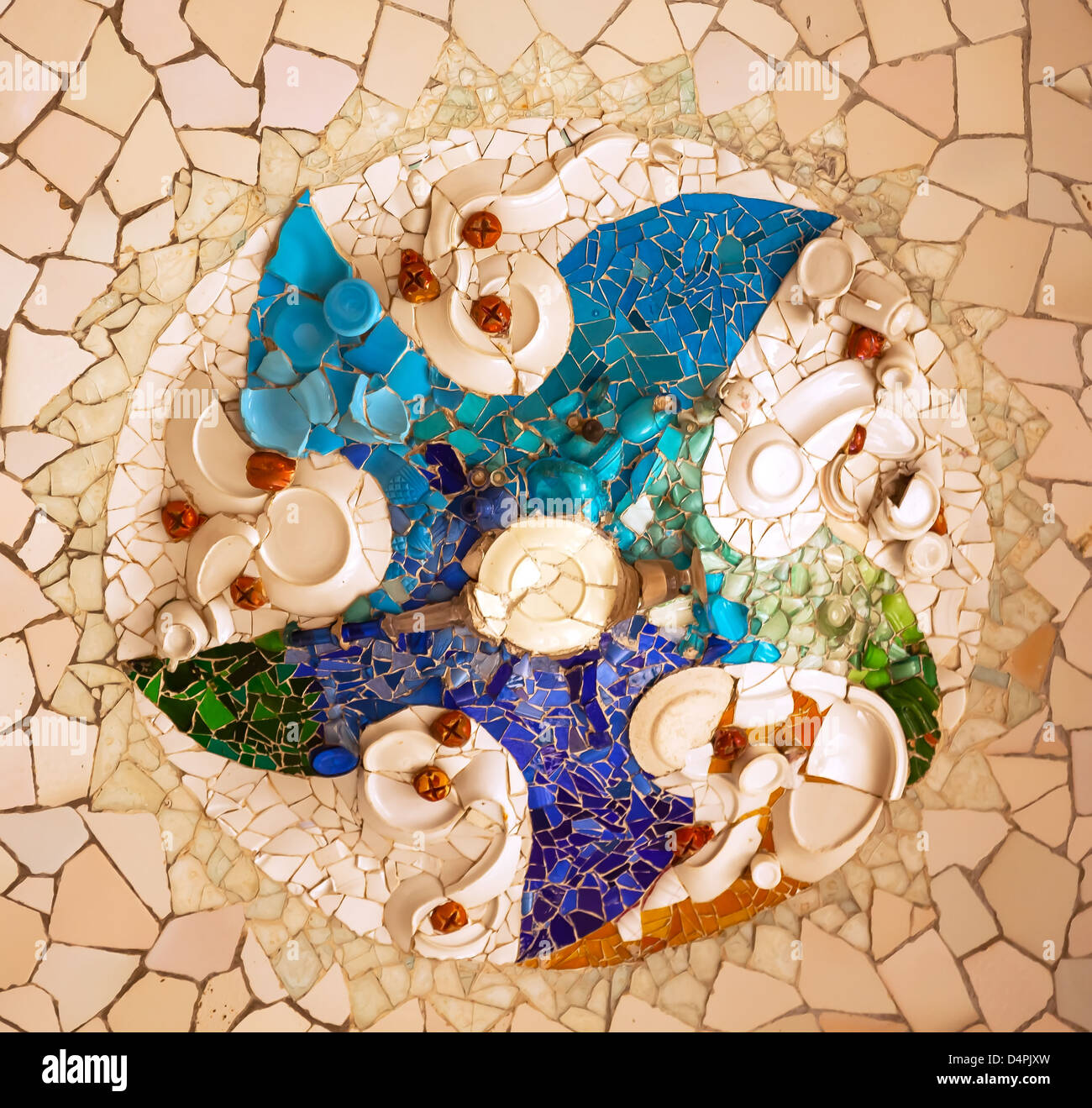 Antoni Gaudi ceramic mosaic design in Guell Park, Barcelona, Catalonia, Spain Stock Photo