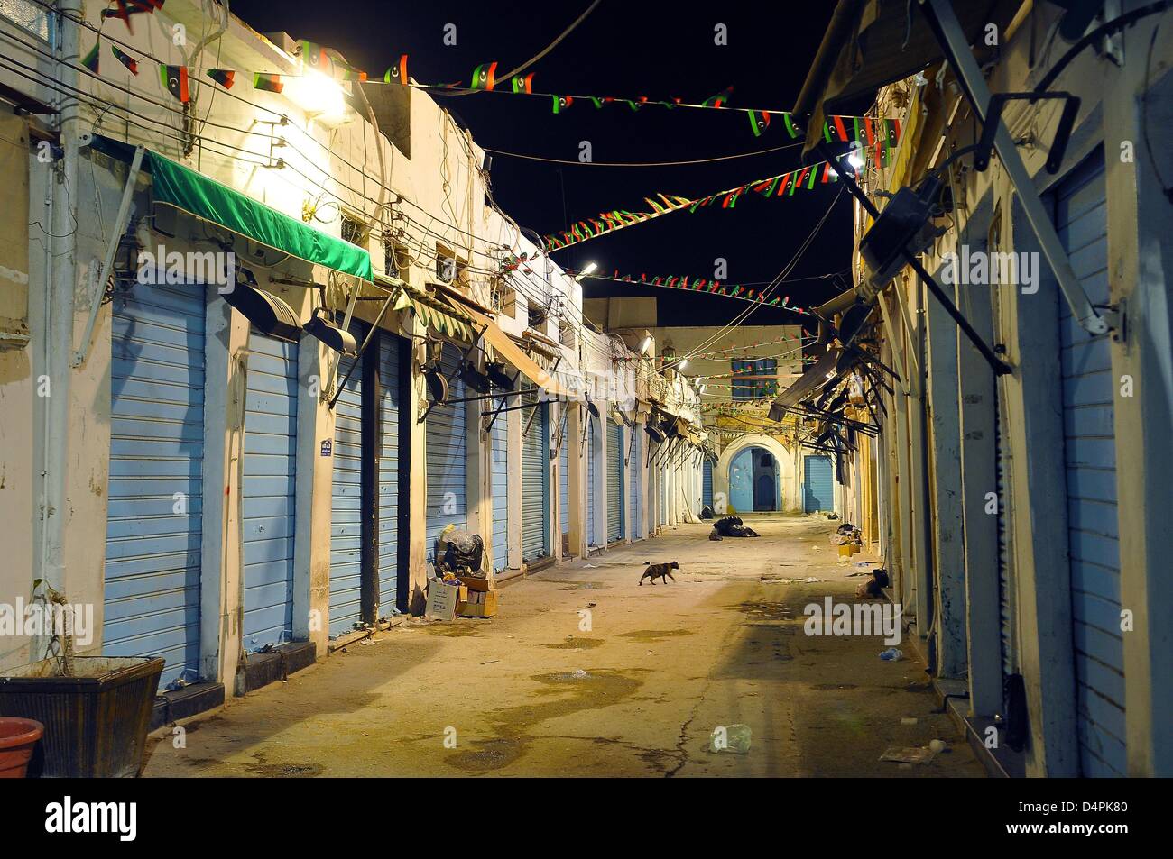 A cat moves through the empty streets of the old town of Tripoli, Libya