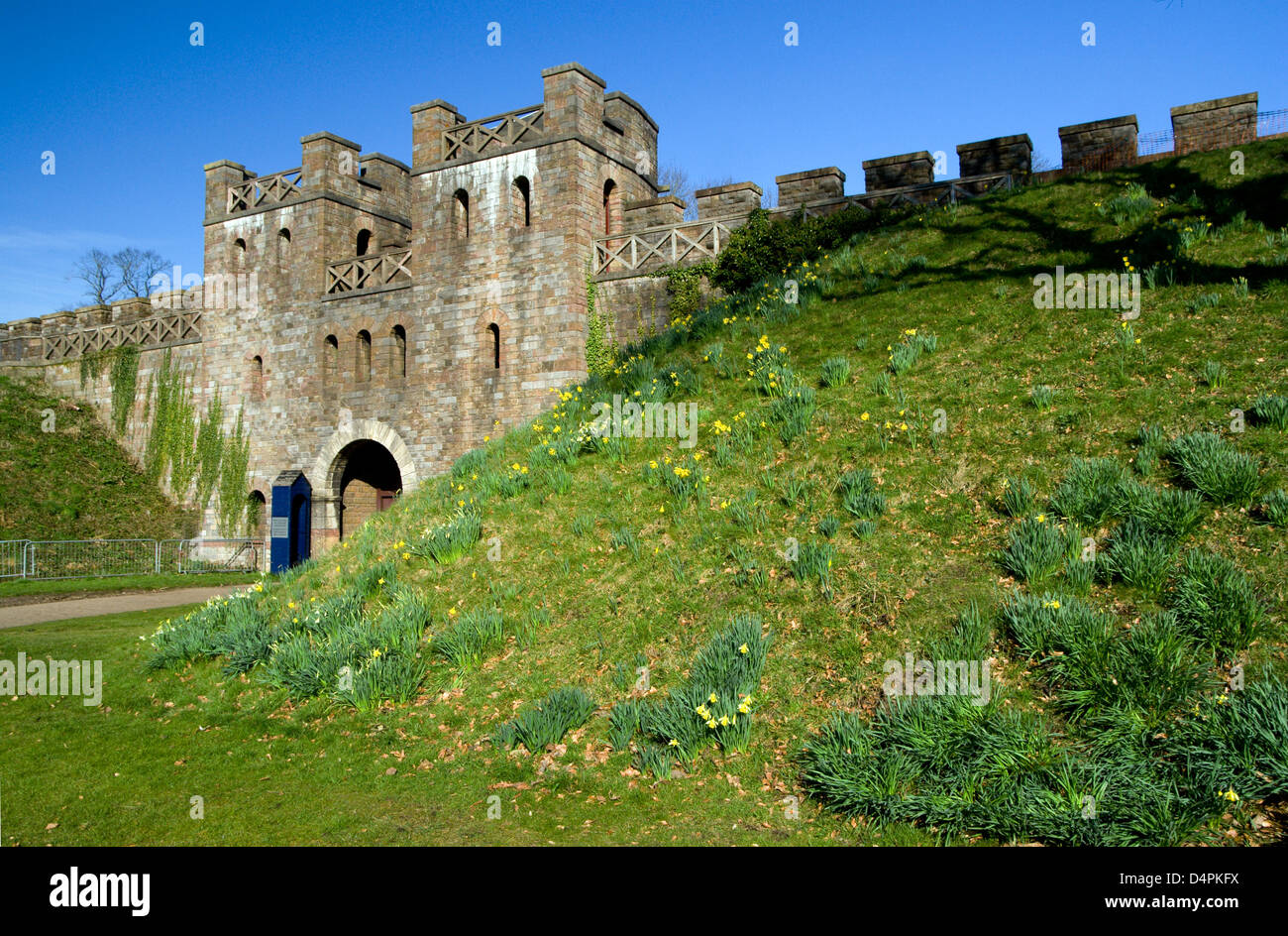 back gate to cardiff castle and daffodils cardiff wales uk Stock Photo