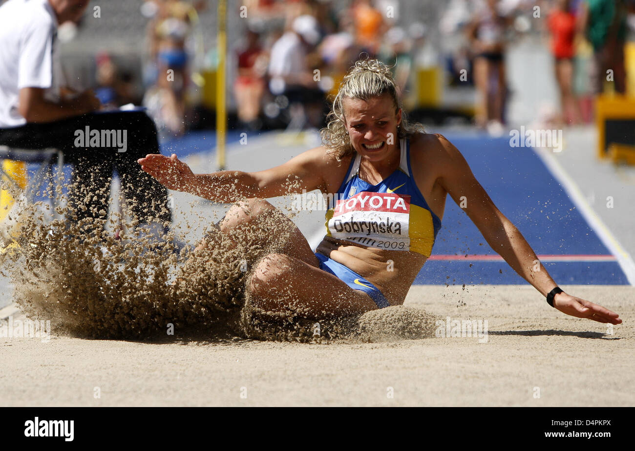 Ukrainian Nataliya Dobrynska shown in action during the long jump ...