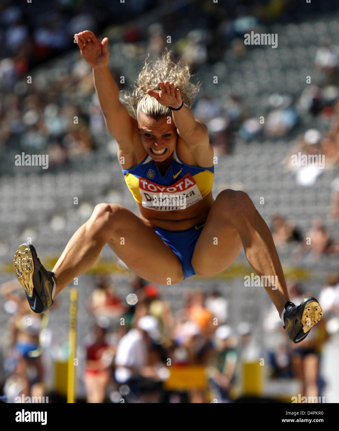 Ukrainian Nataliya Dobrynska shown in action during the long jump ...