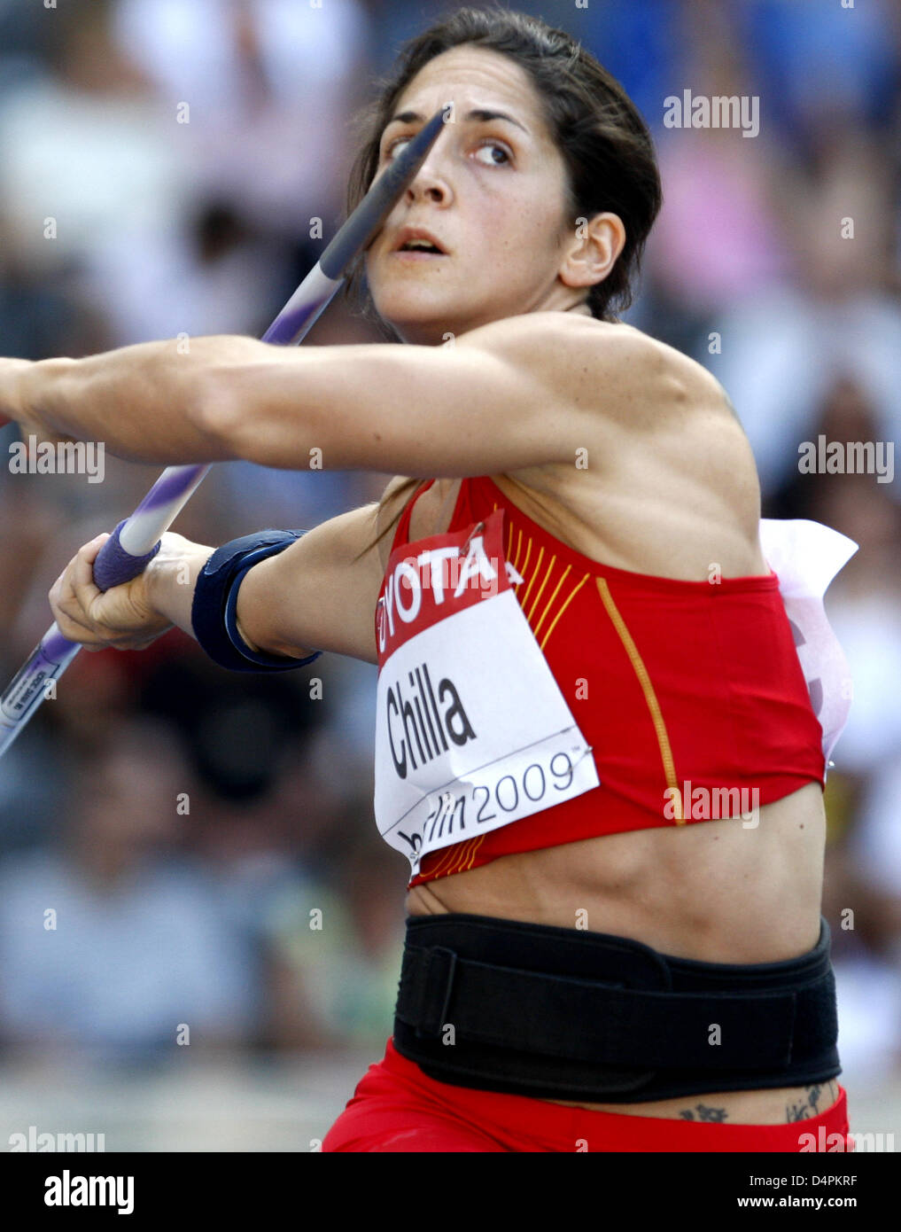 Spanish Mercedes Chilla shown in action during the women?s javelin