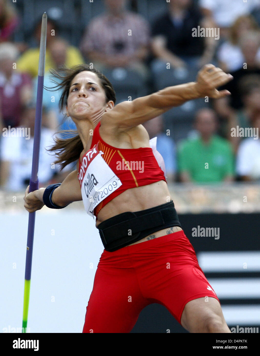 Spanish Mercedes Chilla shown in action during the women?s javelin