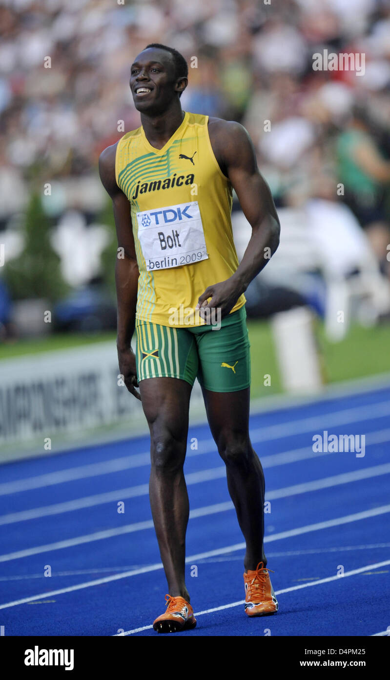 Jamaica?s Usain Bolt reacts after the men?s 100m semi final at the 12th IAAF World Championships in Athletics in Berlin, Germany, 15 August 2009. Photo: HANNIBAL Stock Photo