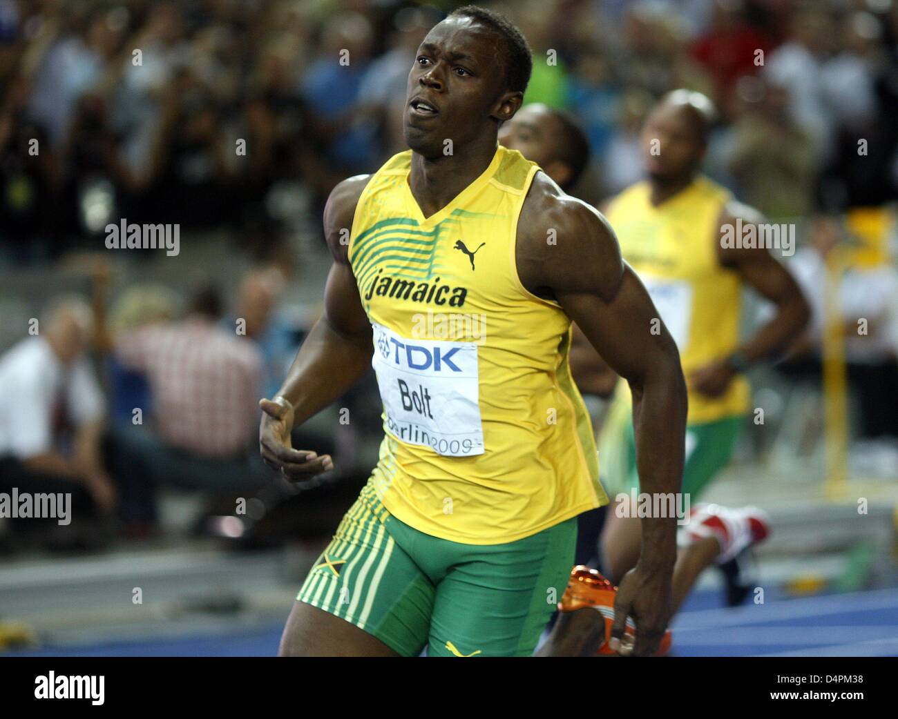 Jamaican Usain Bolt wins the men?s 100m final at the 12th IAAF World Championships in Athletics in Berlin, Germany, 16 August 2009. Bolt established a new world record of 9.58 seconds. Photo: KAY NIETFELD Stock Photo
