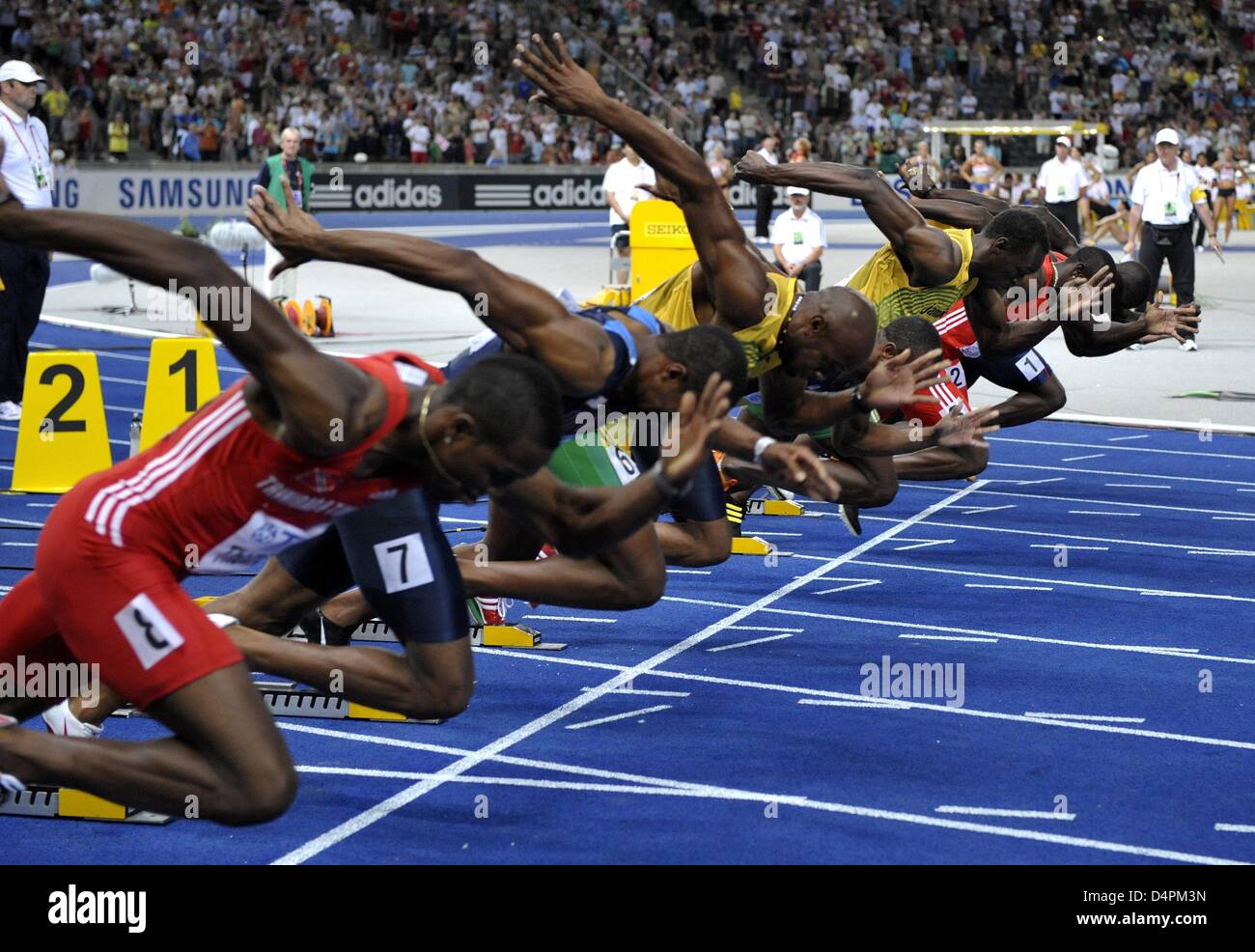 The start of the men?s 100m final pictured at the 12th IAAF World Championships in Athletics in Berlin, Germany, 16 August 2009. Jamaican Usain Bolt (4-L) won the event and established a new world record of 9.58 seconds. Photo: HANNIBAL Stock Photo