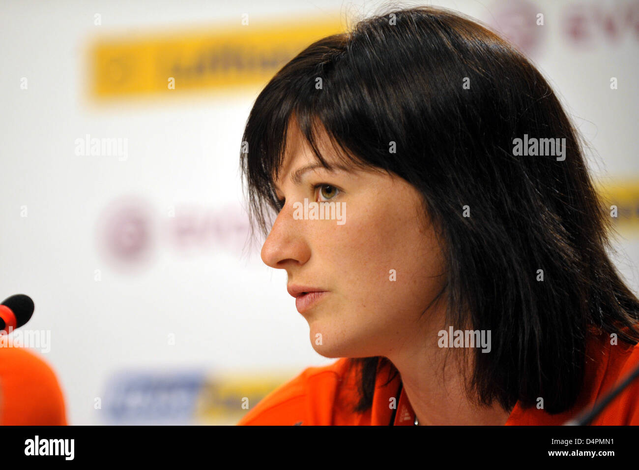 Germany?s javelin thrower Linda Stahl speaks at a press conference of the German Athletics Association DLV in Berlin, Germany, 19 August 2009. Steffi Nerius had won the first gold medal for Germany in the women?s javelin final at the 12th IAAF World Championships in Athletics on 18 August. Photo: Jens Buettner Stock Photo