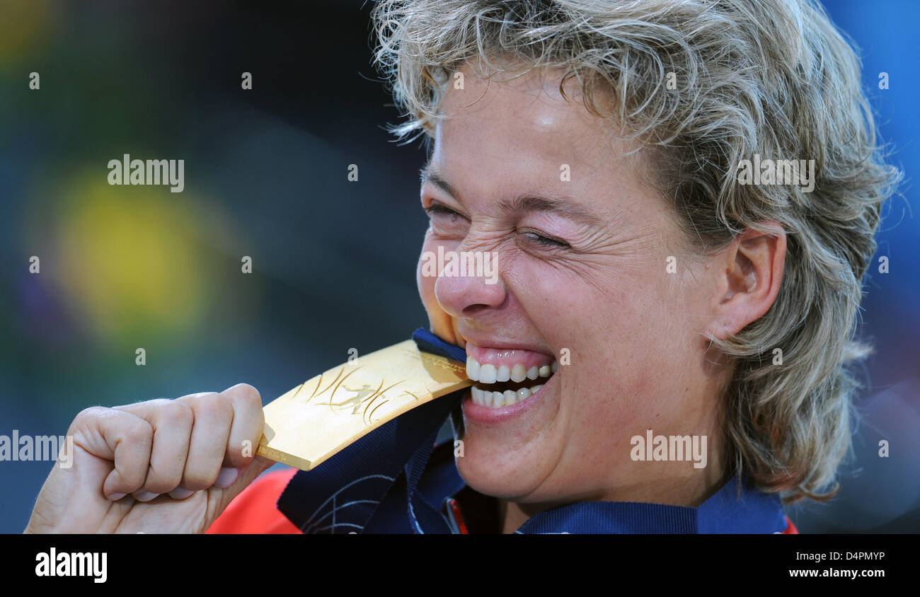 Javelin gold medal winner Steffi Nerius of Germany celebrates during