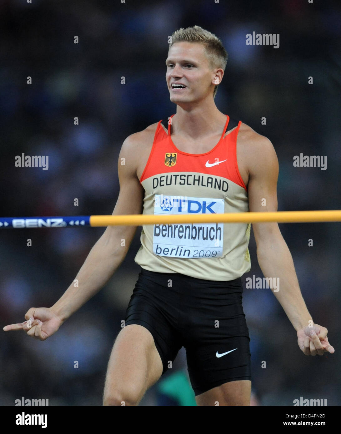 German Pascal Behrenbruch cheers during the high jump event of the decathlon at the 12th IAAF World Championships in Athletics, Berlin, Germany, 19 August 2009. Photo: Bernd Thissen Stock Photo