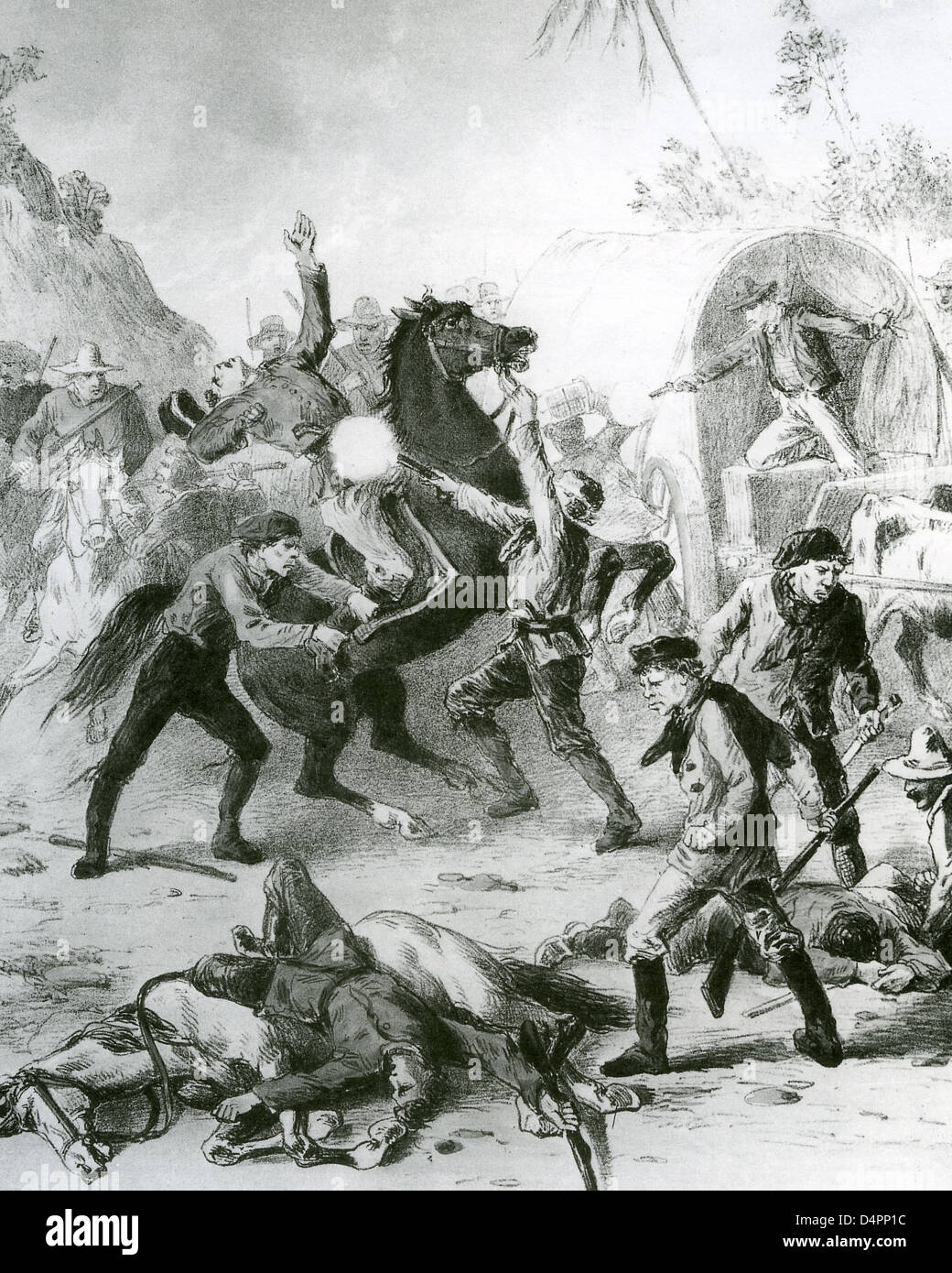 AUSTRALIAN BUSHRANGERS attacking a gold transportation wagon about 1850. Stock Photo
