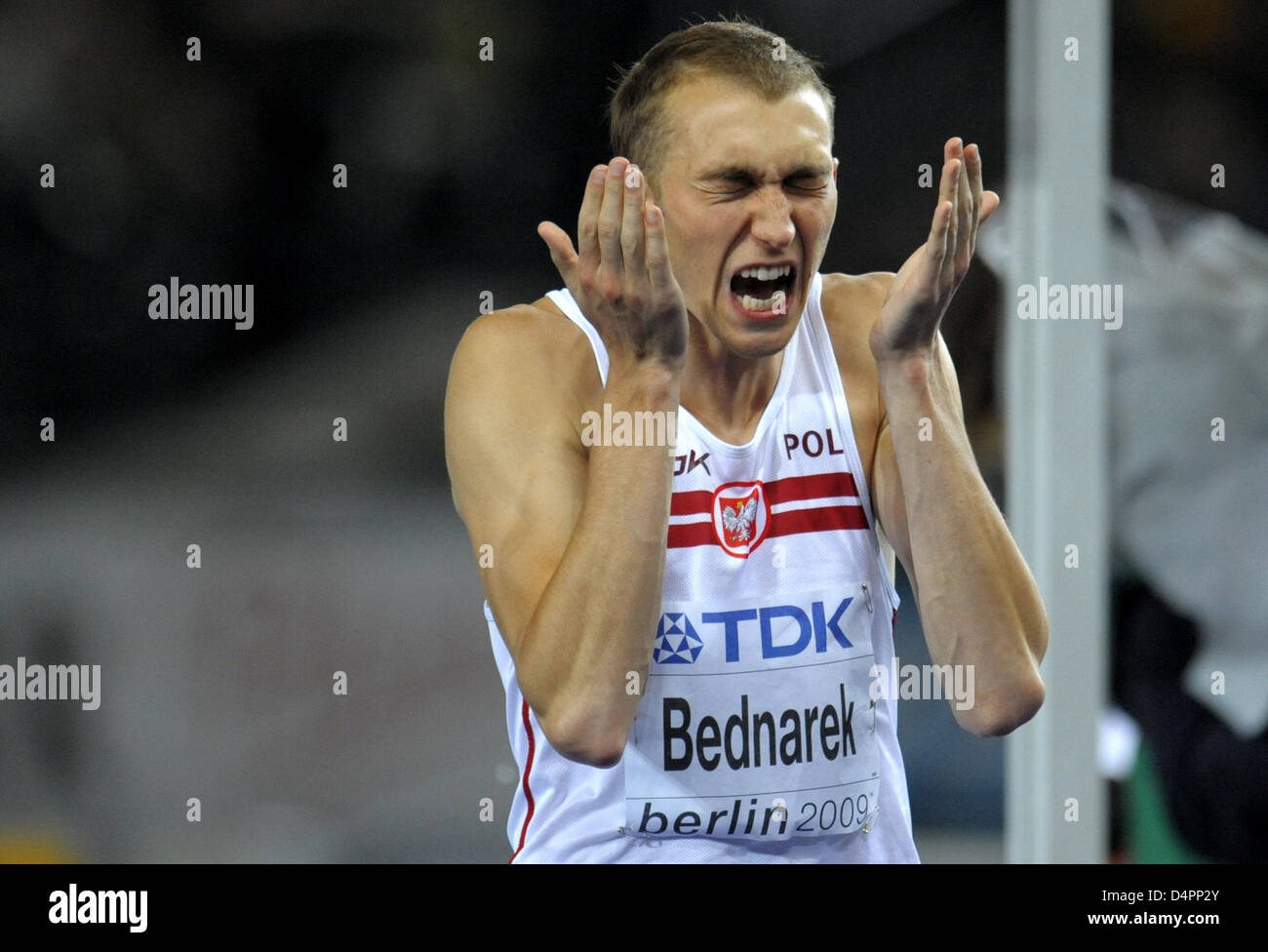 Polish Sylvester Bednarek reacts during the men?s high jump final at