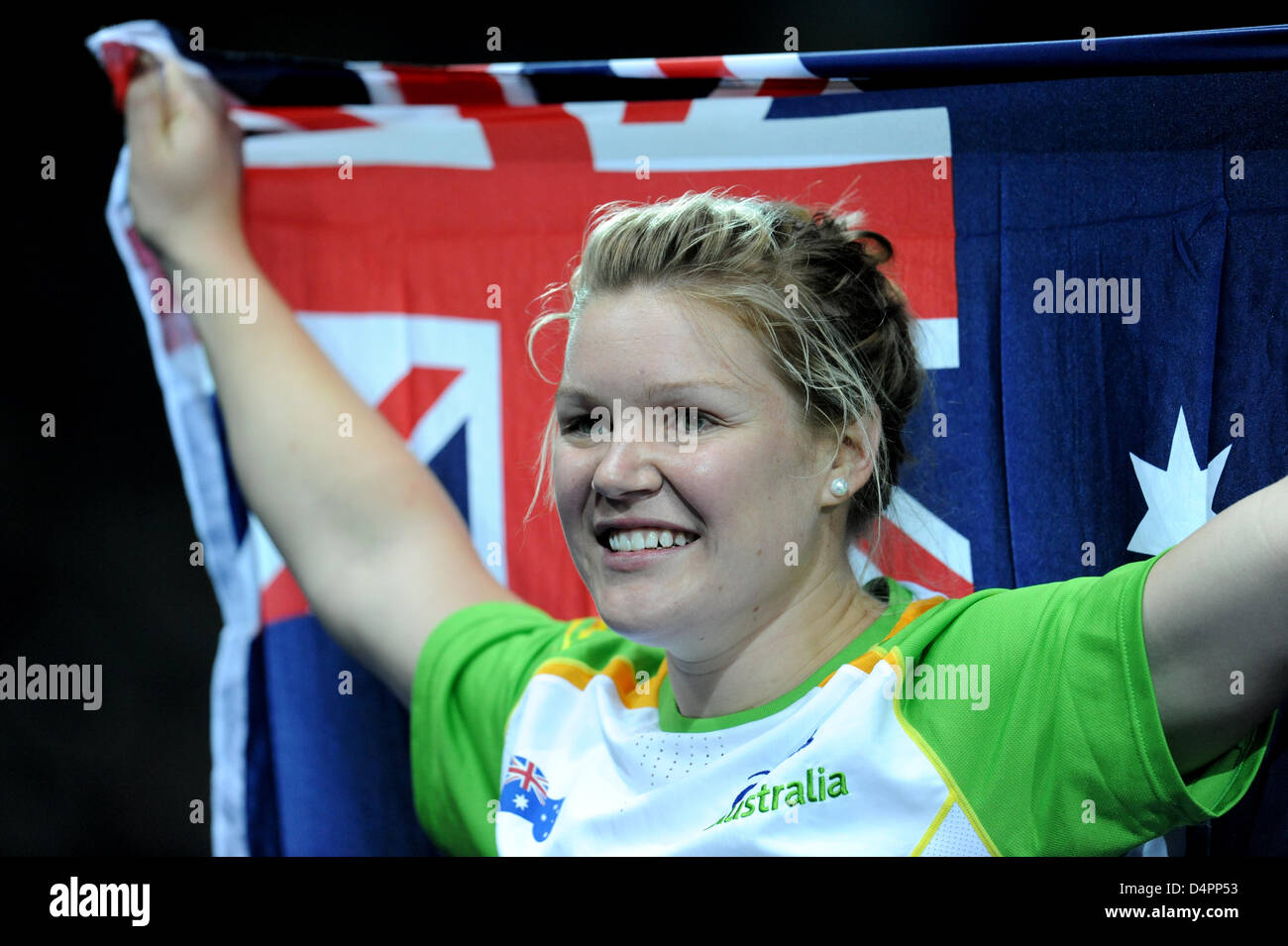 Australian Dani Samuels celebrates after winning the gold medal in the women?s discus final at the 12th IAAF World Championships in Athletics, Berlin, Germany, 21 August 2009. Photo: Bernd Thissen Stock Photo