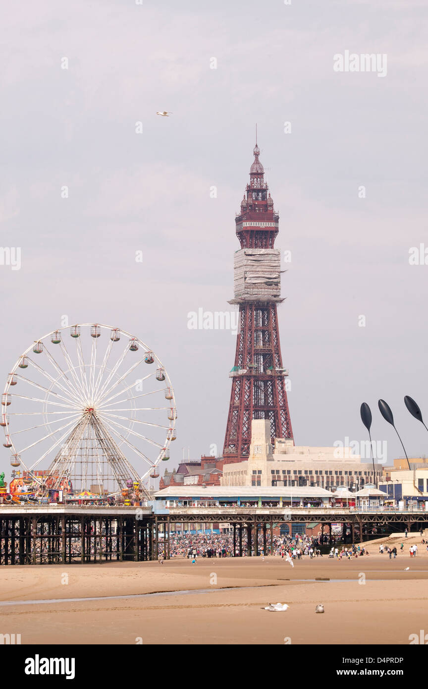 View of Blackpool including central pier, big wheel and tower Stock Photo
