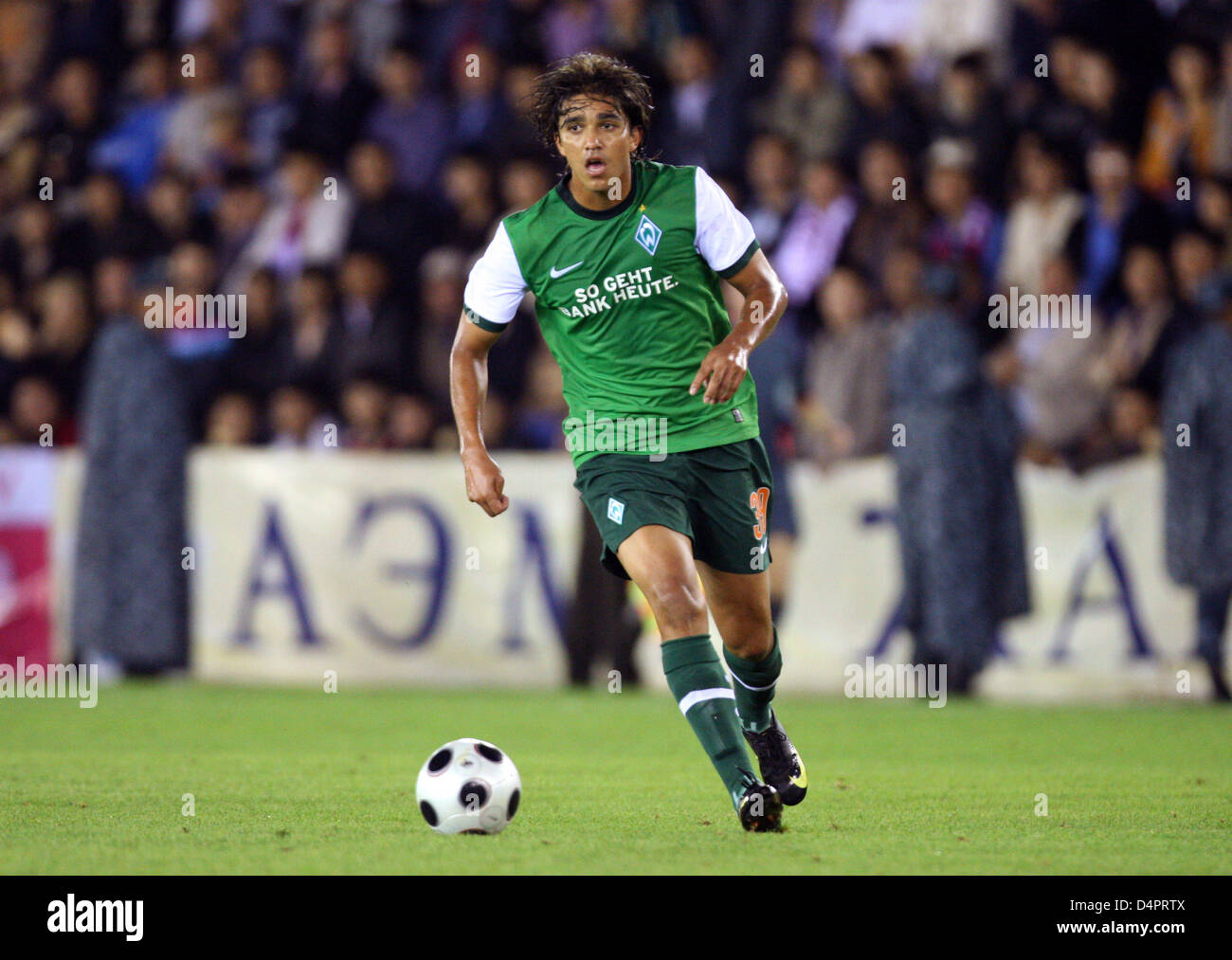 Bremen?s Marcelo Moreno controls the ball during the  UEFA Europa League playoff 2nd leg FK Aktobe vs Werder Bremen at Tsentralniy stadium in Aktobe, Kazakhstan, 27 August 2009. German side Bremen defeated Kazakh side Aktobe 2-0 and moves up to group stage winning 8-3 on aggregate. Photo: FRISO GENTSCH Stock Photo