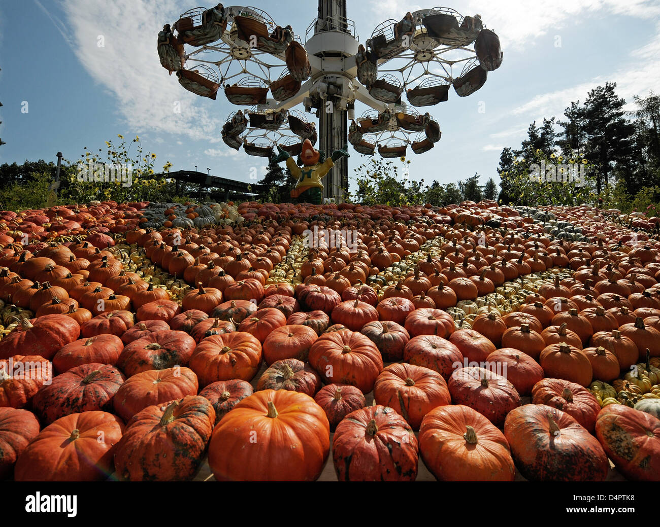 Pumpkins on display during a pumpkin sculpture exhibition at Holiday Park in Hassloch, Germany, 01 September 2009. The theme park stages an exhibition of pumpkin sculptures from 01 September to 01 November 2009. Fifty tons of 80 pumpkin varieties were used. Photo: RONLAD WITTEK Stock Photo
