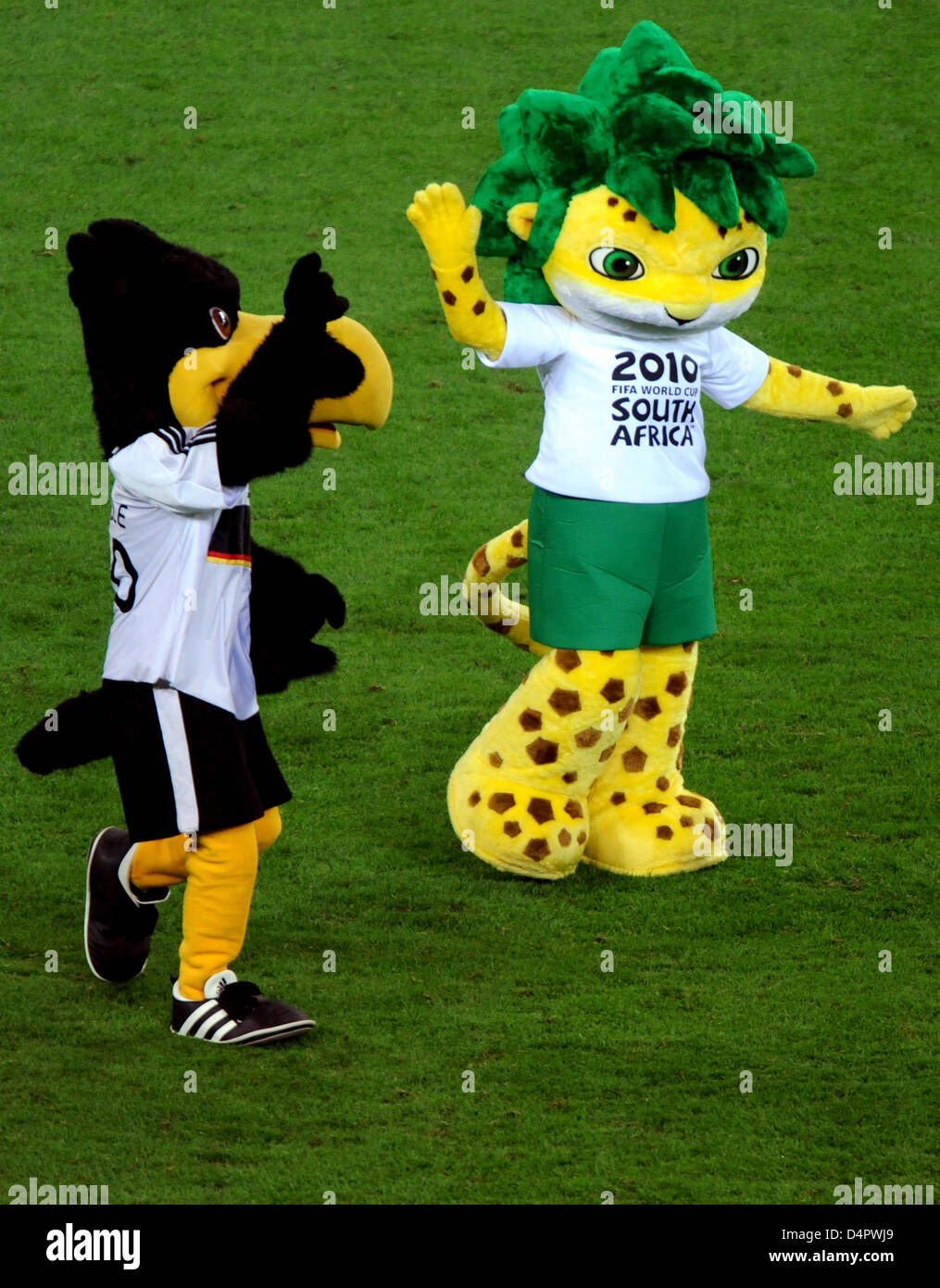 Germany?s national team mascot Paule (L) and Zakumi (R), maascot of the 2010 FIFA World Cup during the friendly match Germany v South Africa at BayArena stadium of Leverkusen, Germany, 05 September 2009. Germany won the match 2-0. Photo: Franz-Peter Tschauner Stock Photo