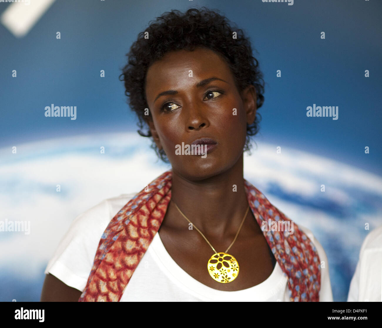 Human rights activist Waris Dirie at a press conference after a meeting with German minister for foreign aid Wieczorek-Zeul at the Federal Ministry for Economic Cooperation and Development in Berlin, Germany, 09 September 2009. Topic of the meeting was their engagement against female genital mutilation. Between 1997 and 2003, Waris Dirie was United Nations special ambassador agains Stock Photo