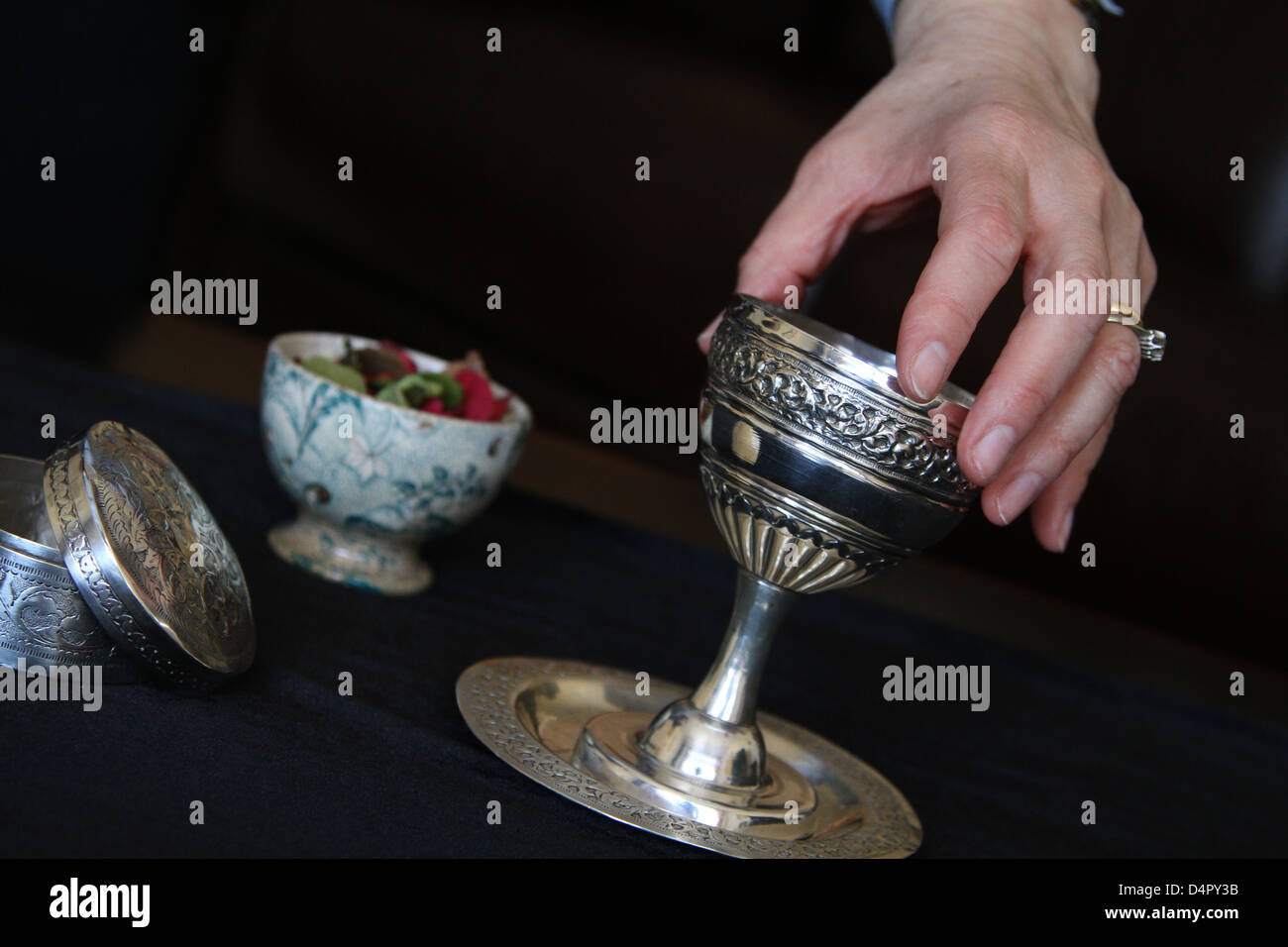 An antique silver judaica Kiddush Cup from Tripoli, Libya. Stock Photo
