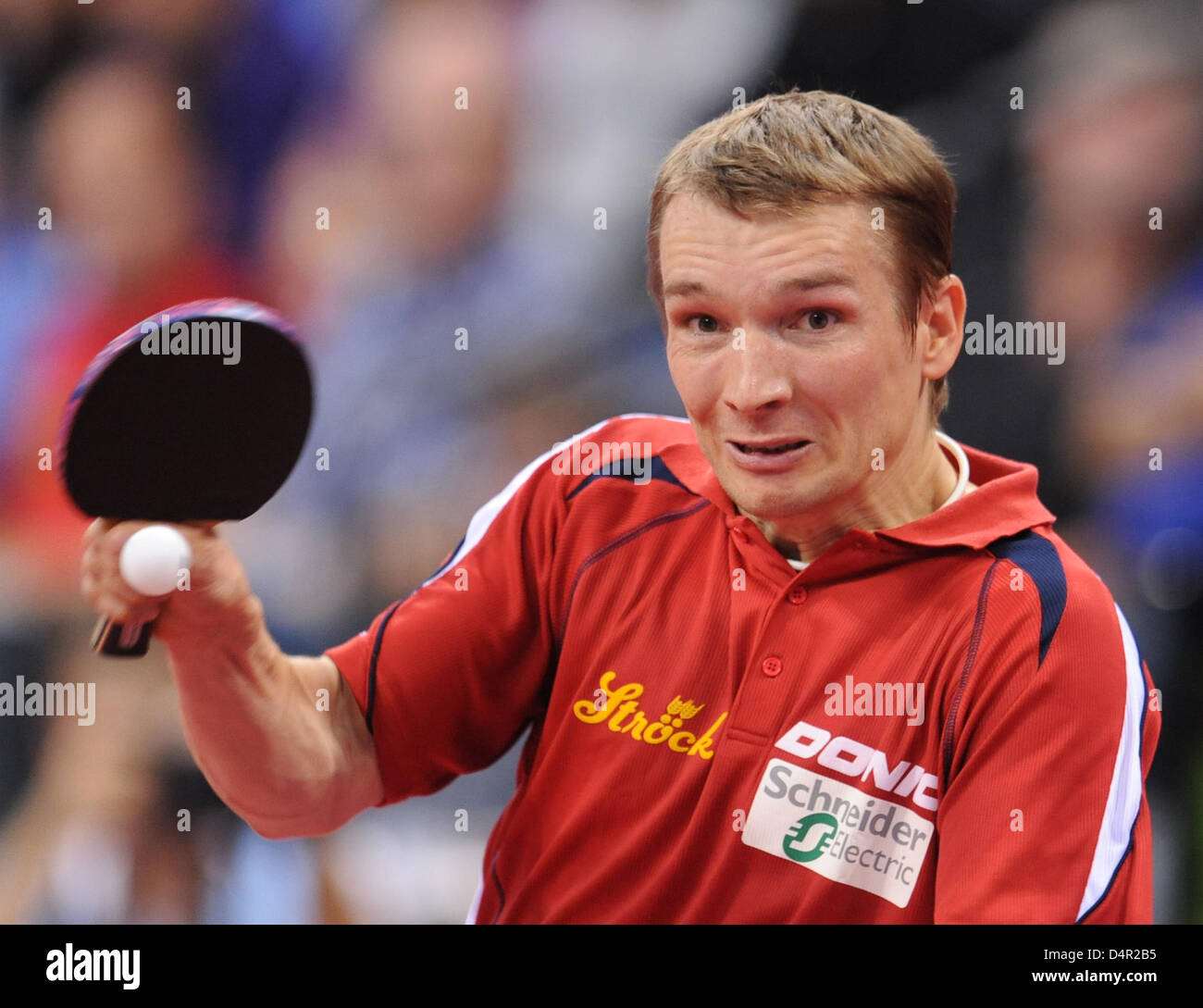 Werner Schlager from Austria plays against Fejer-Konnerth from Germany during the men?s singles competition of the European Table Tennis Championships at Porsche-Arena stadium in Stuttgart, Germany, 18 September 2009. Photo: Bernd Weissbrod Stock Photo