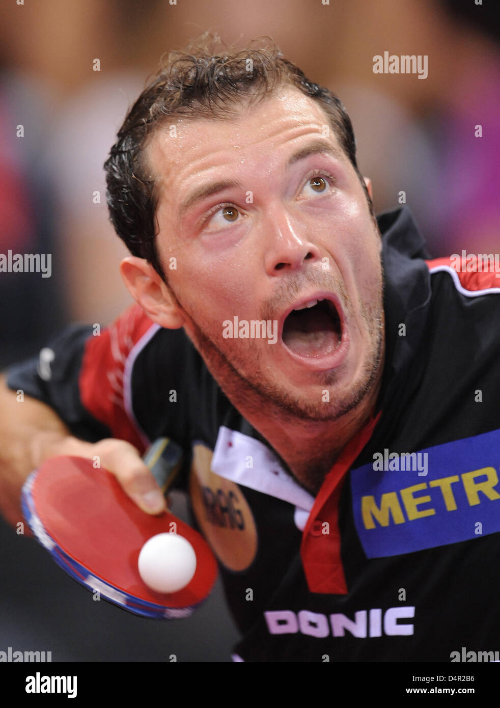 Zoltan Fejer-Konnerth from Germany plays against Schlager from Austria during the men?s singles competition of the European Table Tennis Championships at Porsche-Arena stadium in Stuttgart, Germany, 18 September 2009. Photo: Bernd Weissbrod Stock Photo