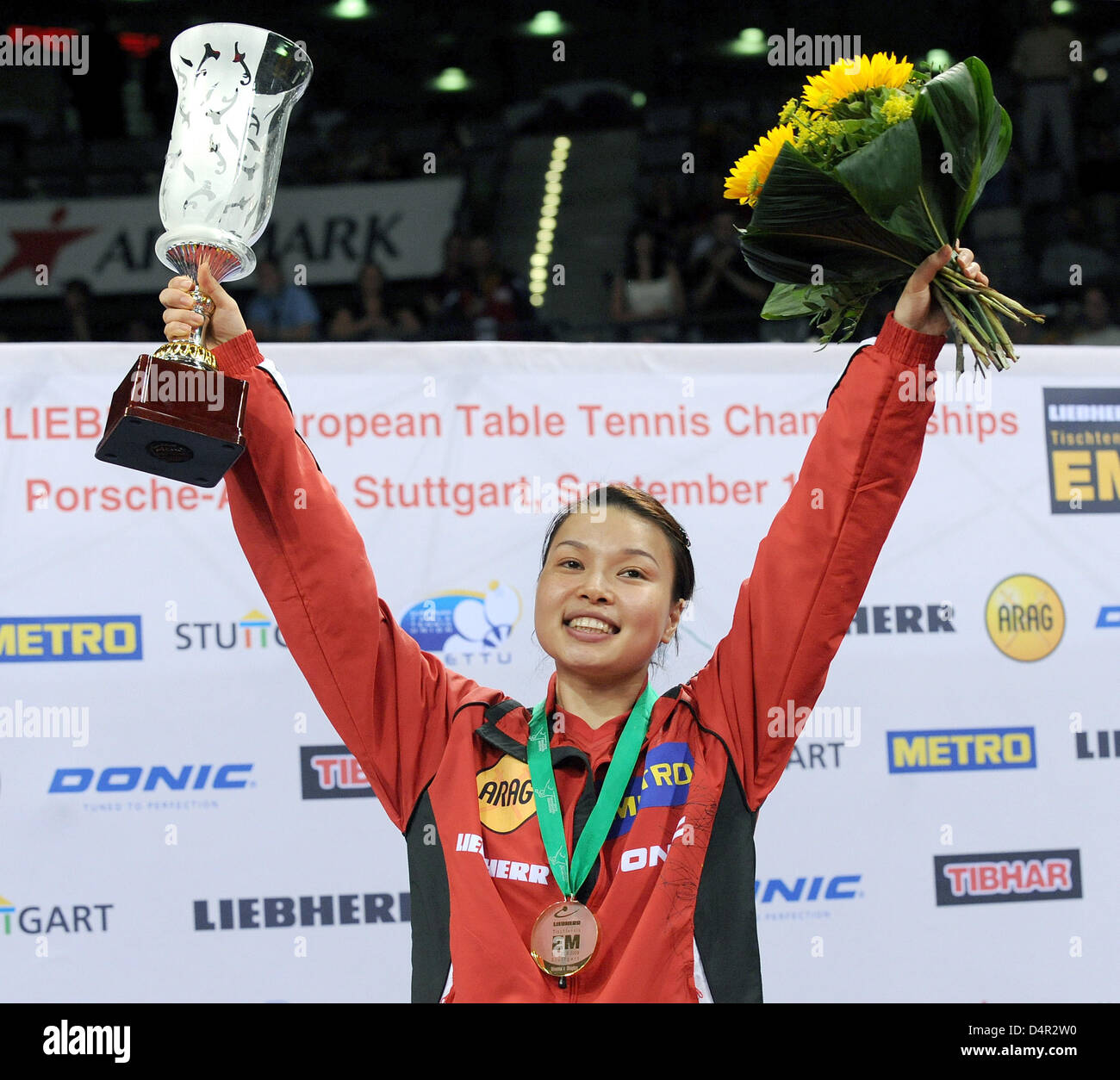 German Jiaduo Wu poses with her trophy after her victory in the women?s