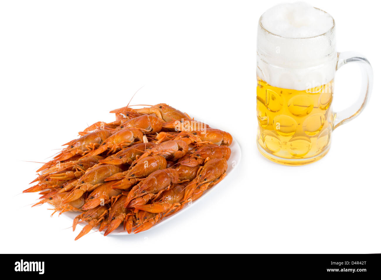 Plate of delicious cooked whole unshelled cooked prawns and a frothy pint of beer in a glass tankard isolated on white Stock Photo