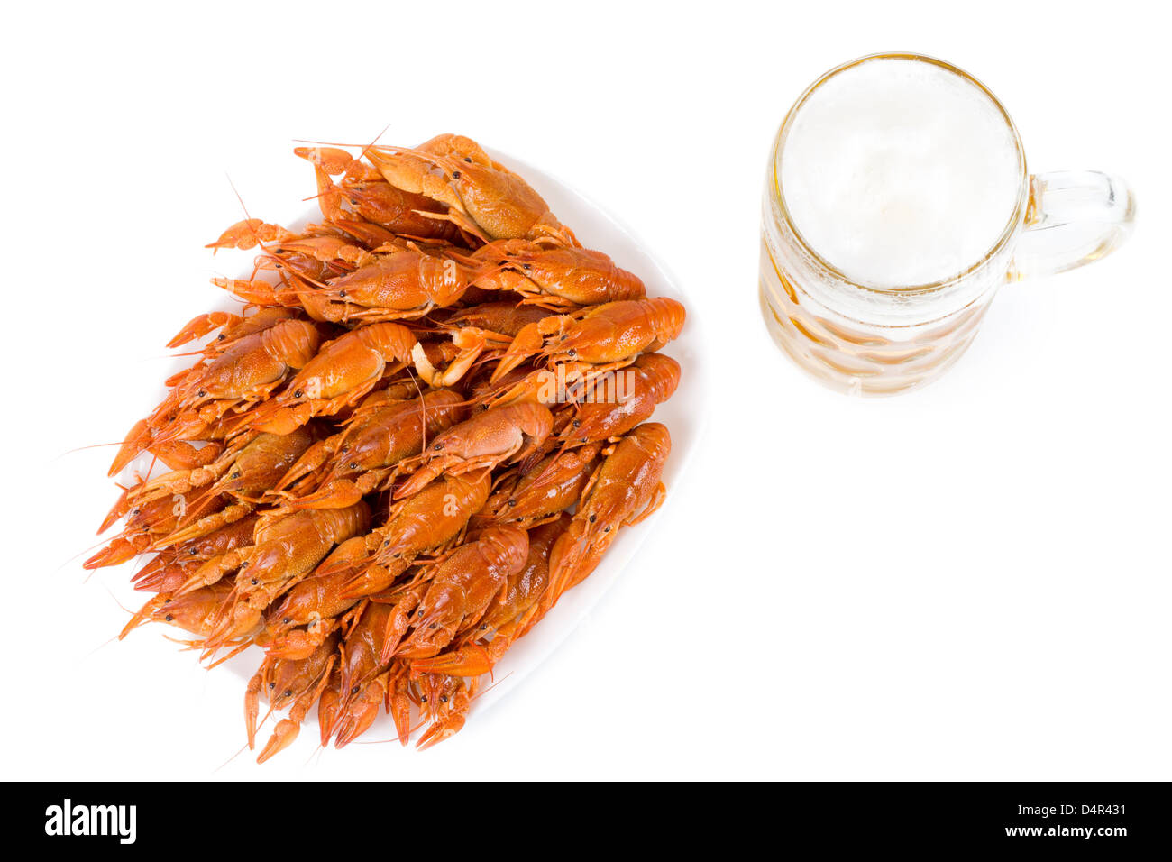 Overhead view of a plate of delicious gourmet cooked prawns served with a pint of frothy beer isolated on white Stock Photo