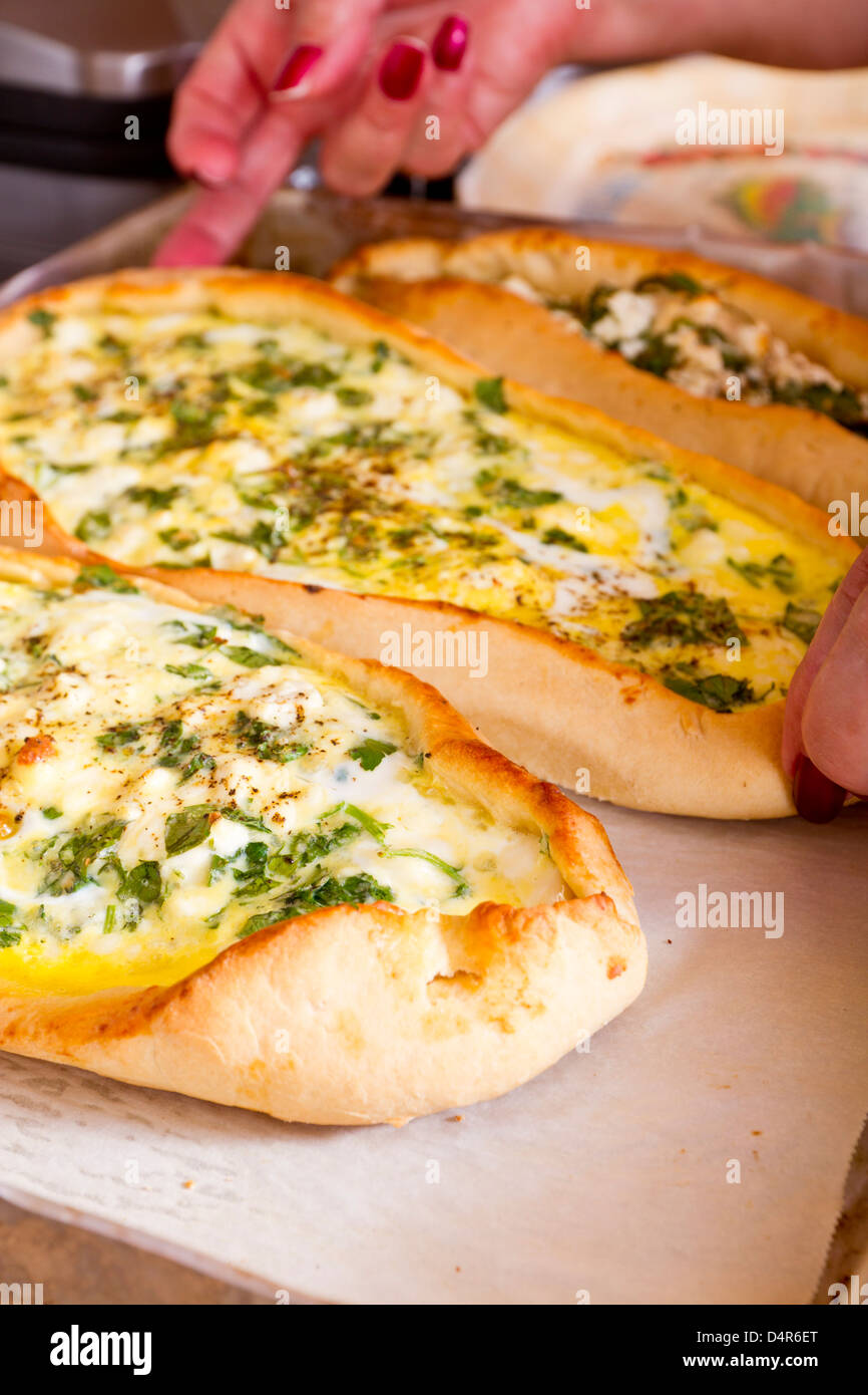 Feta Cheese Turkish Pide Pockets just came out from the owen Stock Photo
