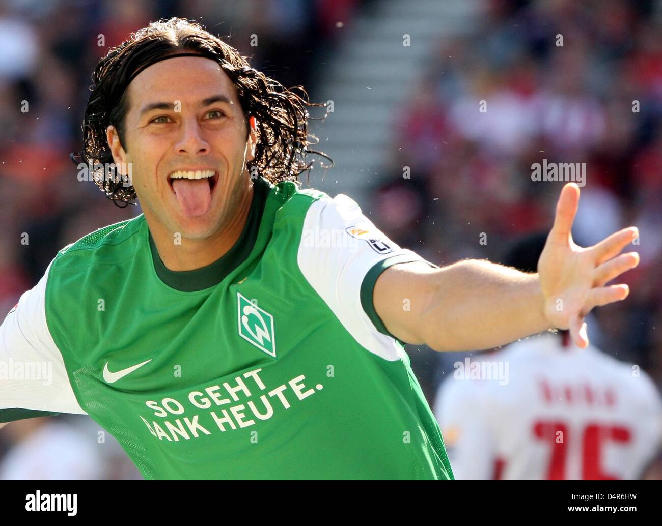 Werder?s Claudio Pizarro is happy about his goal bringing Werder in the