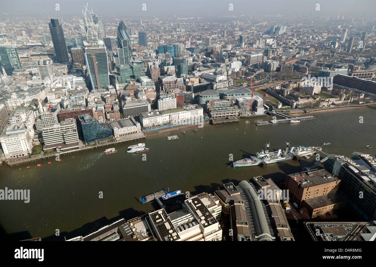 Aerial view of the River Thames between Tower bridge and London Bridge Stock Photo