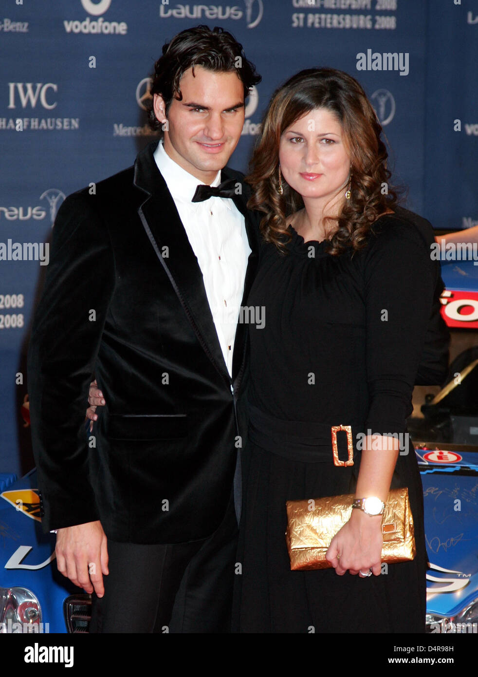 (dpa file) A file picture 18 February 2008 captures Swiss tennis champion Roger Federer (L) and his wife Mirka Vavrinec (R) arriving at the Laureus World Sports Awards 2008 in St. Petersburg, Russia. On 23 July 2009, the couple announced Mirka gave birth to twin girls Charlene Riva and Myla Rose and state ?This is the most wonderful day of our lives. Mirka, Myla and Charlene are al Stock Photo