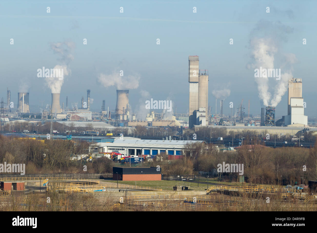 View of Billingham Chemical Complex and CF Industries fertiliser plant (two towers and chimney right). Billingham near Middlesbrough. England, UK Stock Photo