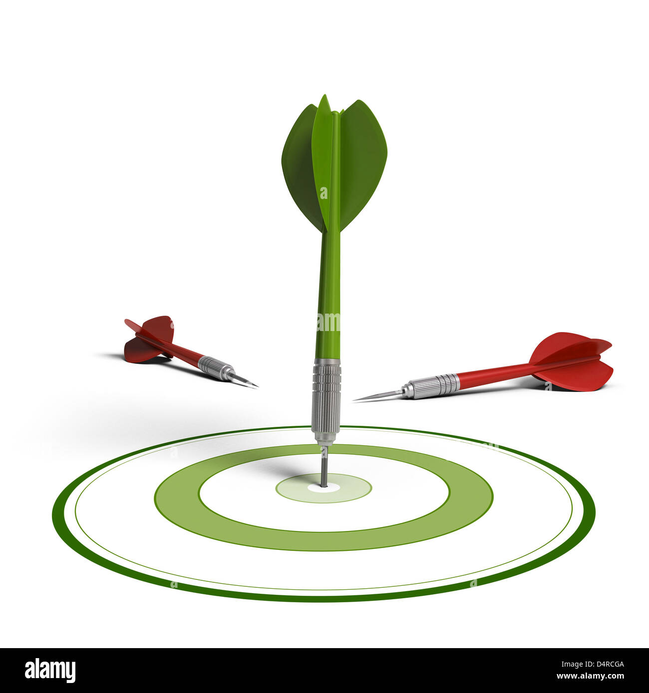 one green dart hitting the center of a green target, two red