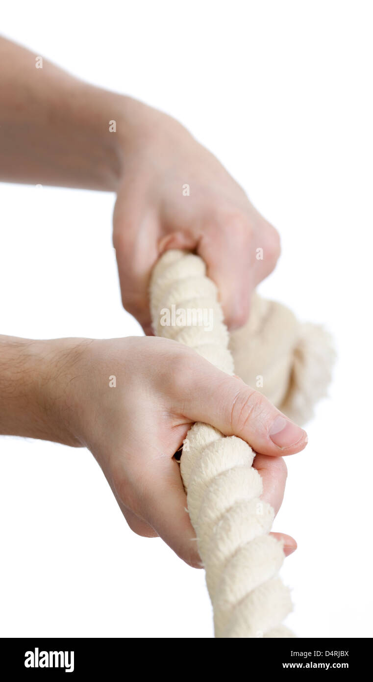 Hands pull a rope. Isolated white background Stock Photo Alamy