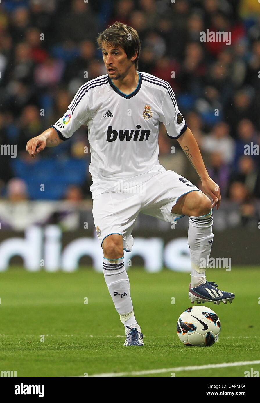 Real Madrid's Fabio Coentrao in action during the Spanish Primera Division soccer match between Real Madrid and RCD Mallorca at Santiago Bernabeu stadium in Madrid, Spain, 16 March 2013. Madrid won 5:2. Photo: Fabian Stratenschulte/dpa Stock Photo