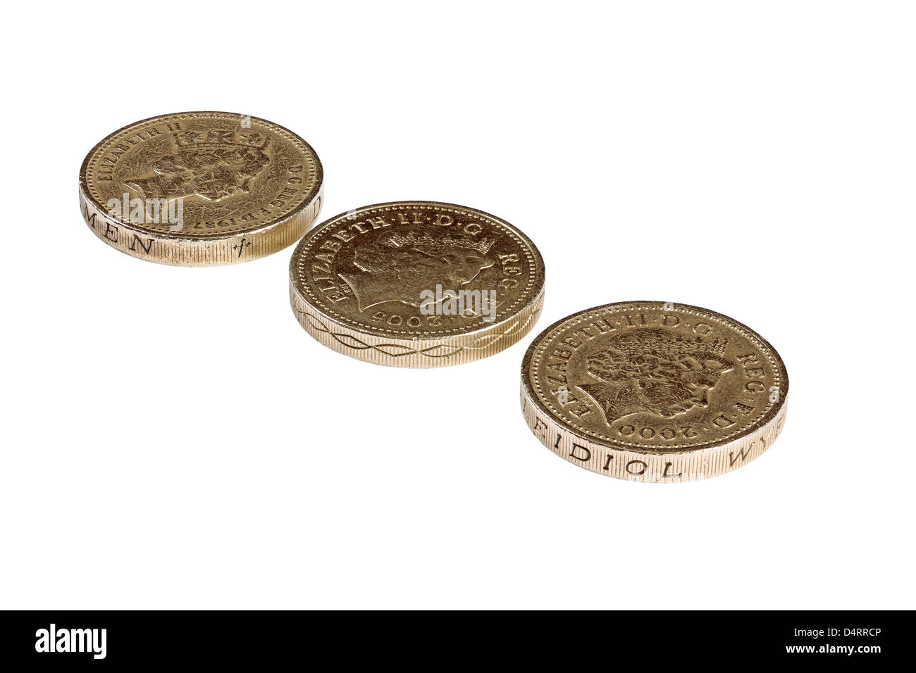 Three one pound coins in a row isolated on white background Stock Photo