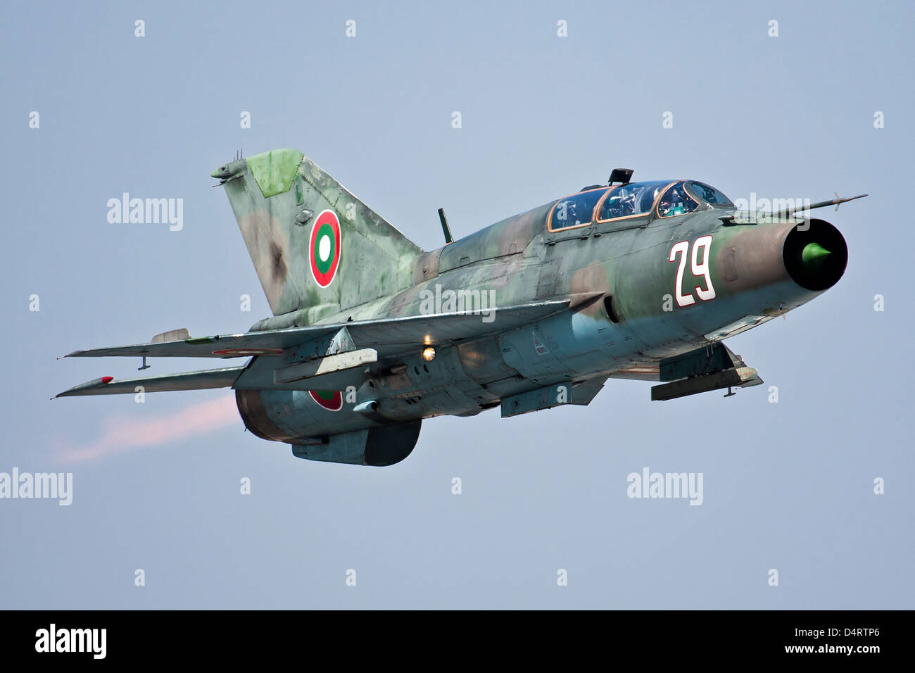 A Bulgarian Air Force MiG-21UM high speed low pass over Bulgaria. Stock Photo