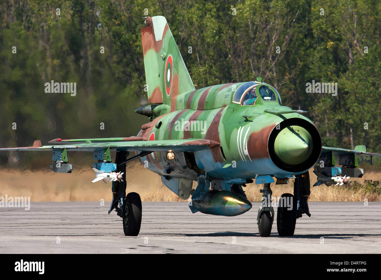 A Bulgarian Air Force MiG-21bis equipped with two AA-8 Aphid air-to-air missiles, Graf Ignatievo Air Base, Bulgaria. Stock Photo