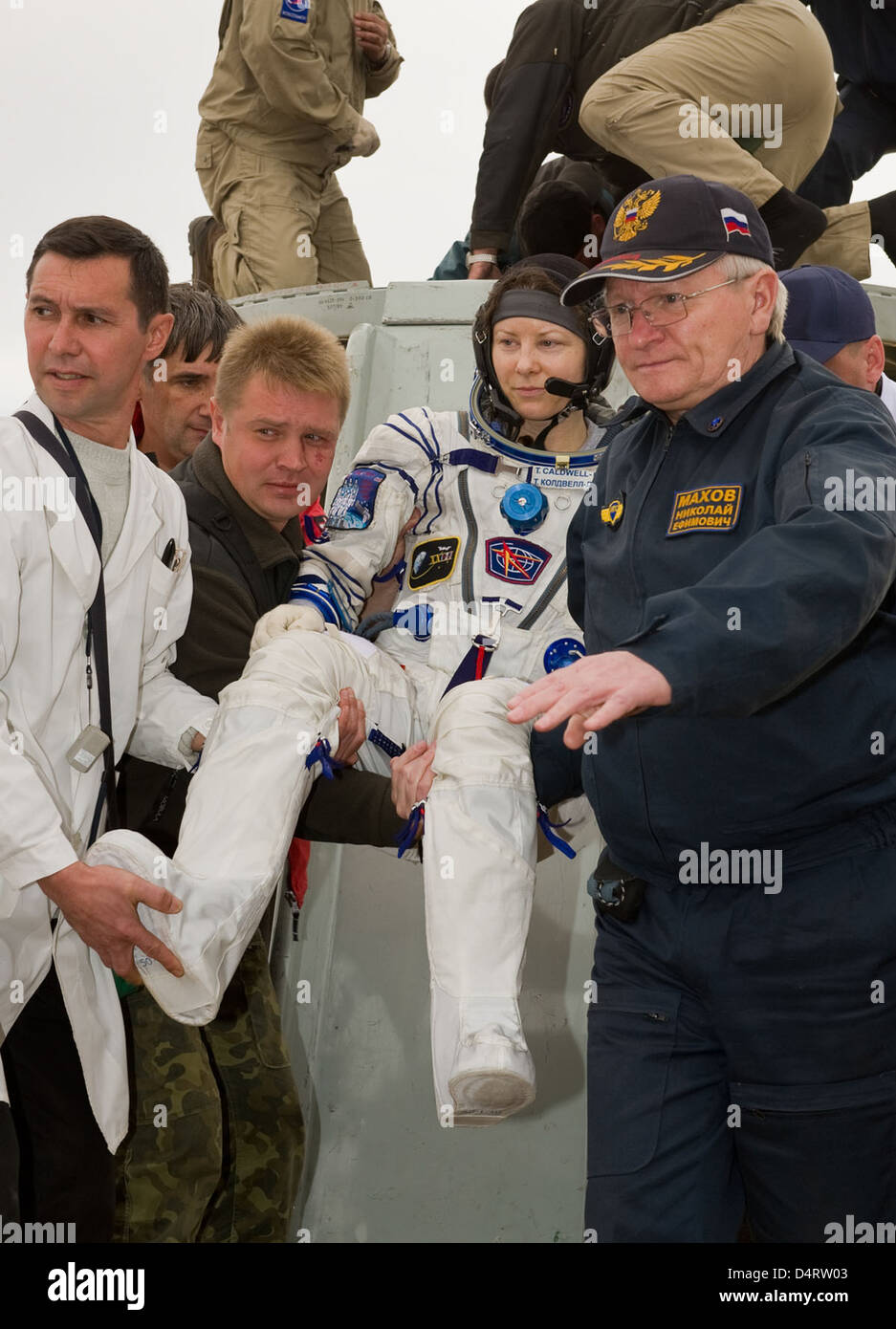 Expedition 24's Soyuz spacecraft successfully lands in Arkalyk, Kazakhstan, completing its mission to the International Space Station. The crew, including Tracy Caldwell Dyson, returns safely to Earth after their space station mission. Stock Photo
