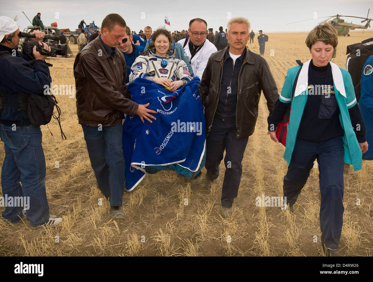 Expedition 24's Soyuz spacecraft carrying NASA astronaut Tracy Caldwell Dyson and Russian cosmonauts landed in Arkalyk, Kazakhstan, after completing their mission aboard the International Space Station. The crew returned safely after a successful space mission. Stock Photo