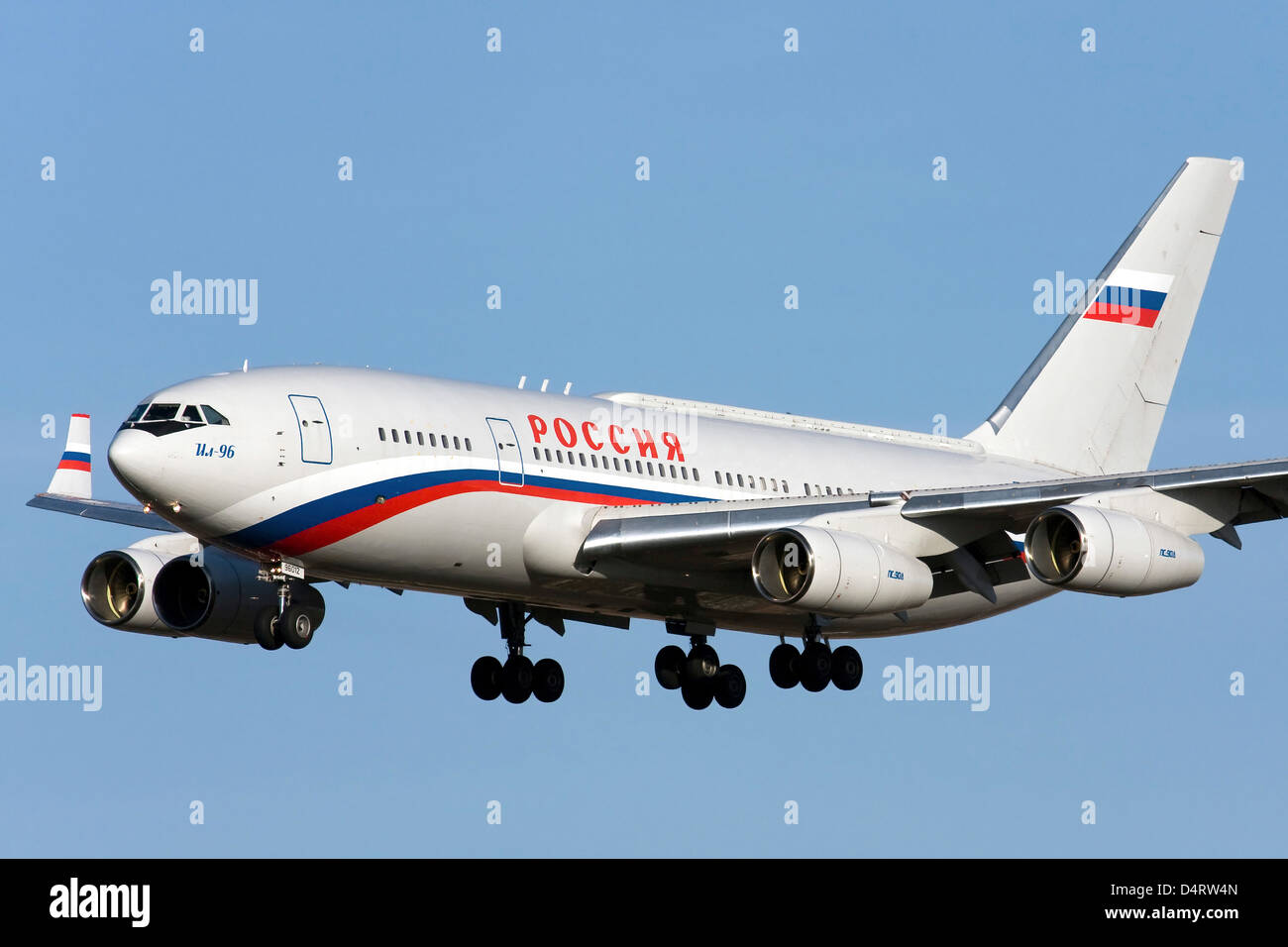 An Ilyushin Il-96 airliner prepares to land at Sofia Airport, Bulgaria. Stock Photo