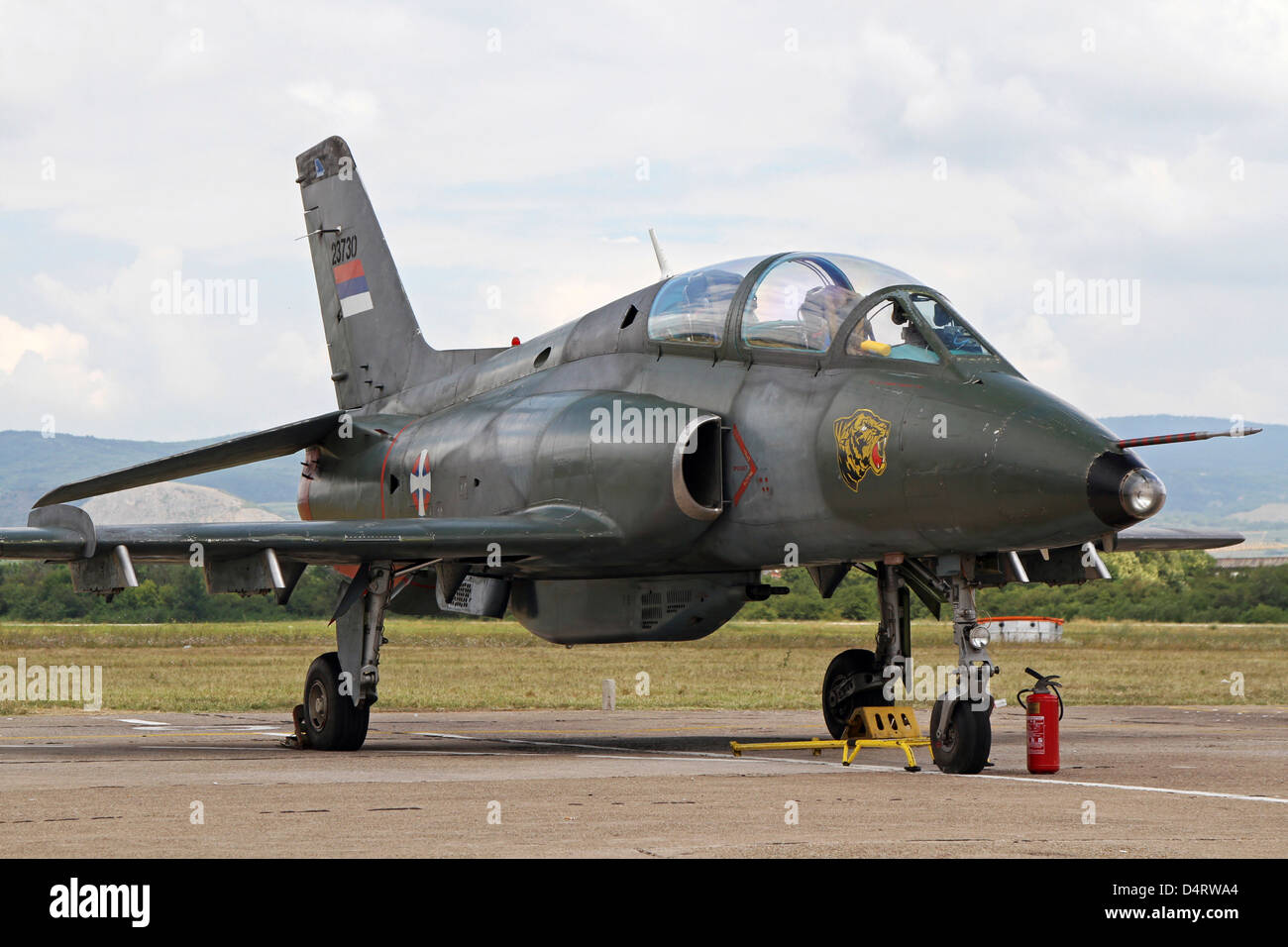 Serbian Air Force Soko G-4 Super Galeb parked on the runway in Serbia. Stock Photo