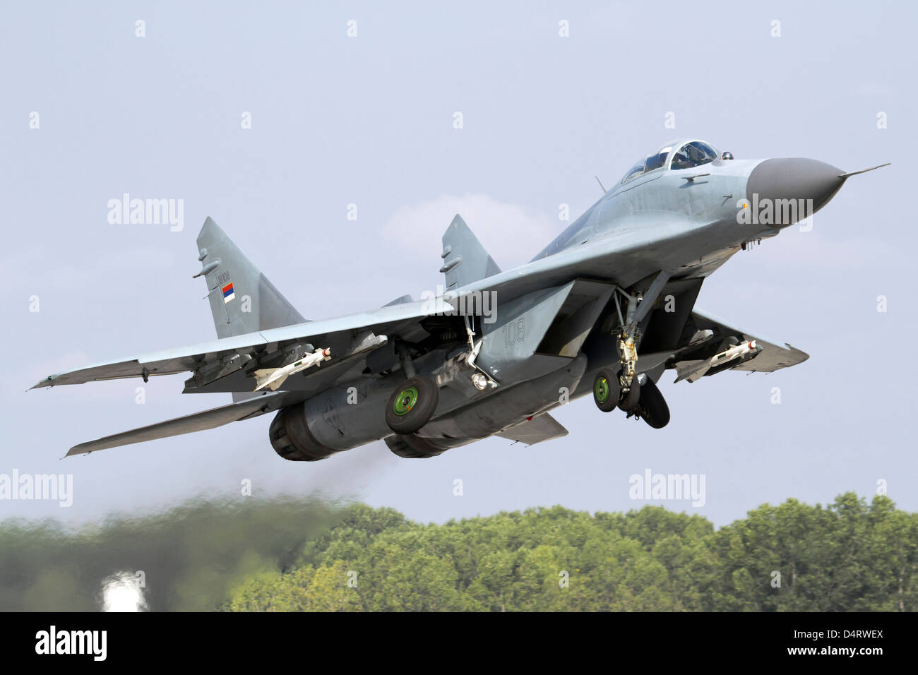 Serbian Air Force MiG-29 departing with two AA-8 Aphid missiles, Graf  Ignatievo Air Base, Bulgaria Stock Photo - Alamy