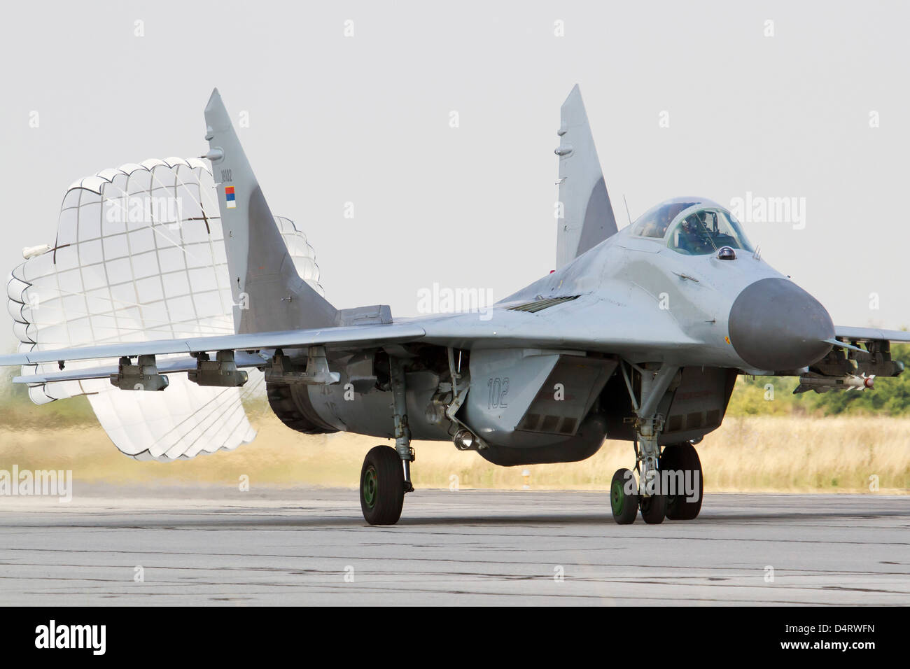 A Serbian Air Force MiG-29 with brake chute deployed, Graf Ignatievo Air Base, Bulgaria. Stock Photo