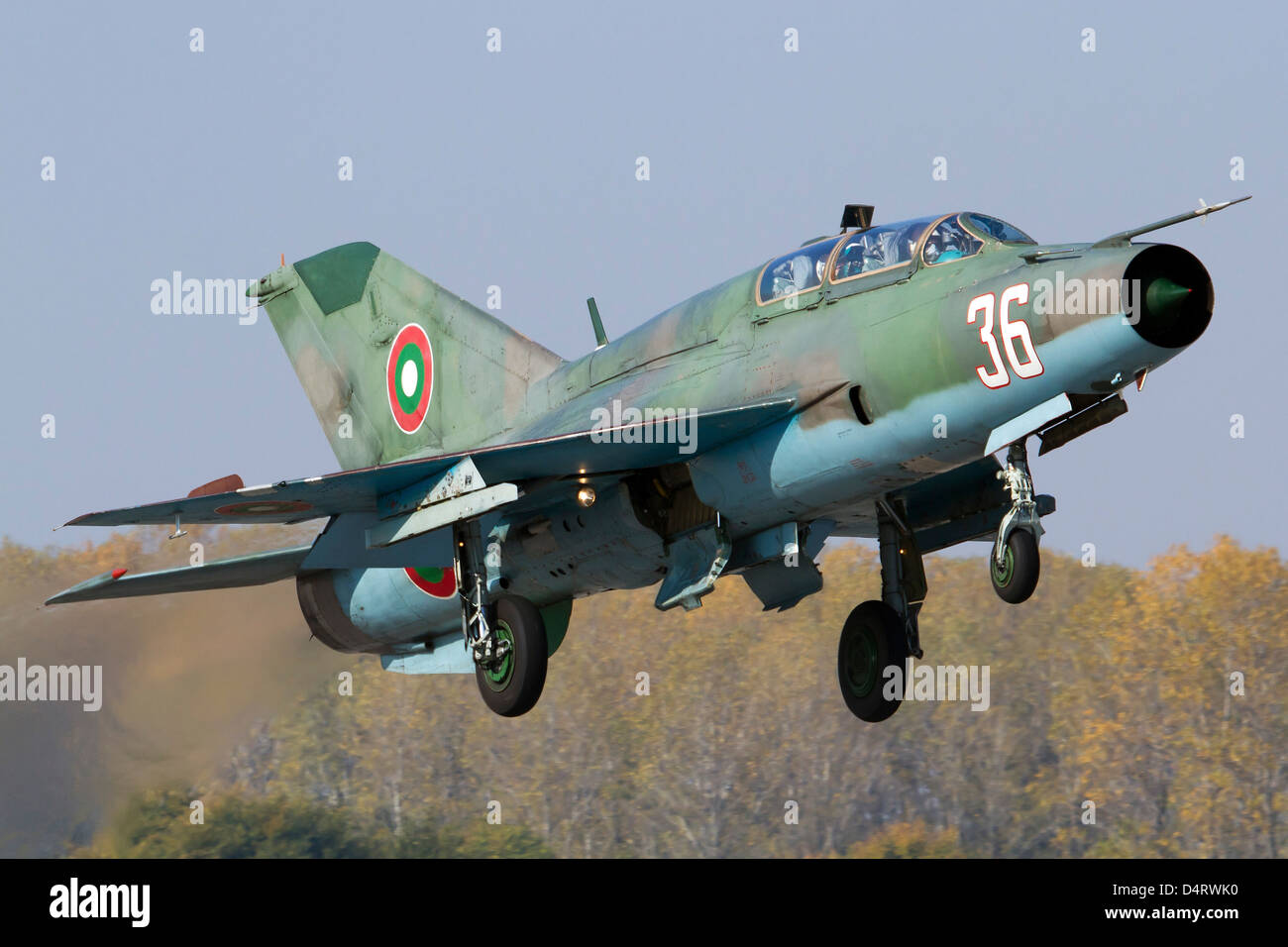 A Bulgarian Air Force MiG-21UM jet fighter taking off from Graf Ignatievo Air Base, Bulgaria. Stock Photo
