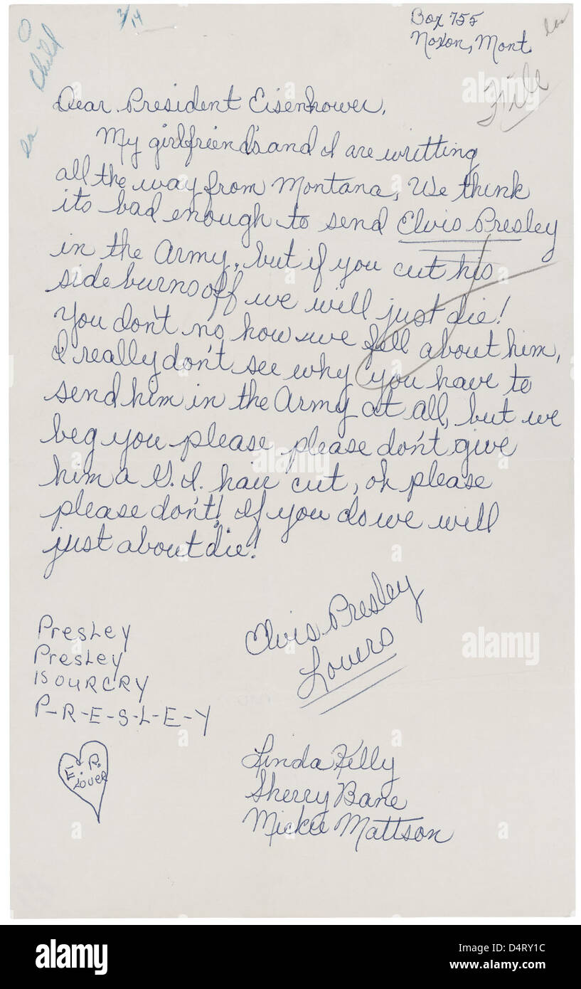 Letter from Linda Kelly, Sherry Bane, and Mickie Mattson to President Dwight D. Eisenhower Regarding Elvis Presley Stock Photo