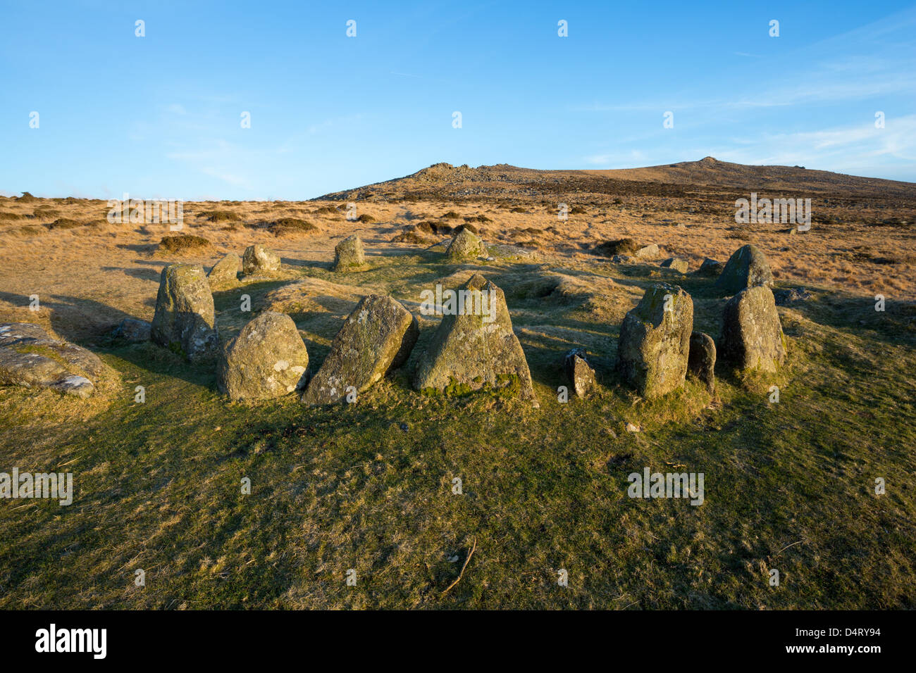 Nine maidens or seventeen brothers stone circle at Belstone Dartmoor National Park Uk. Stock Photo
