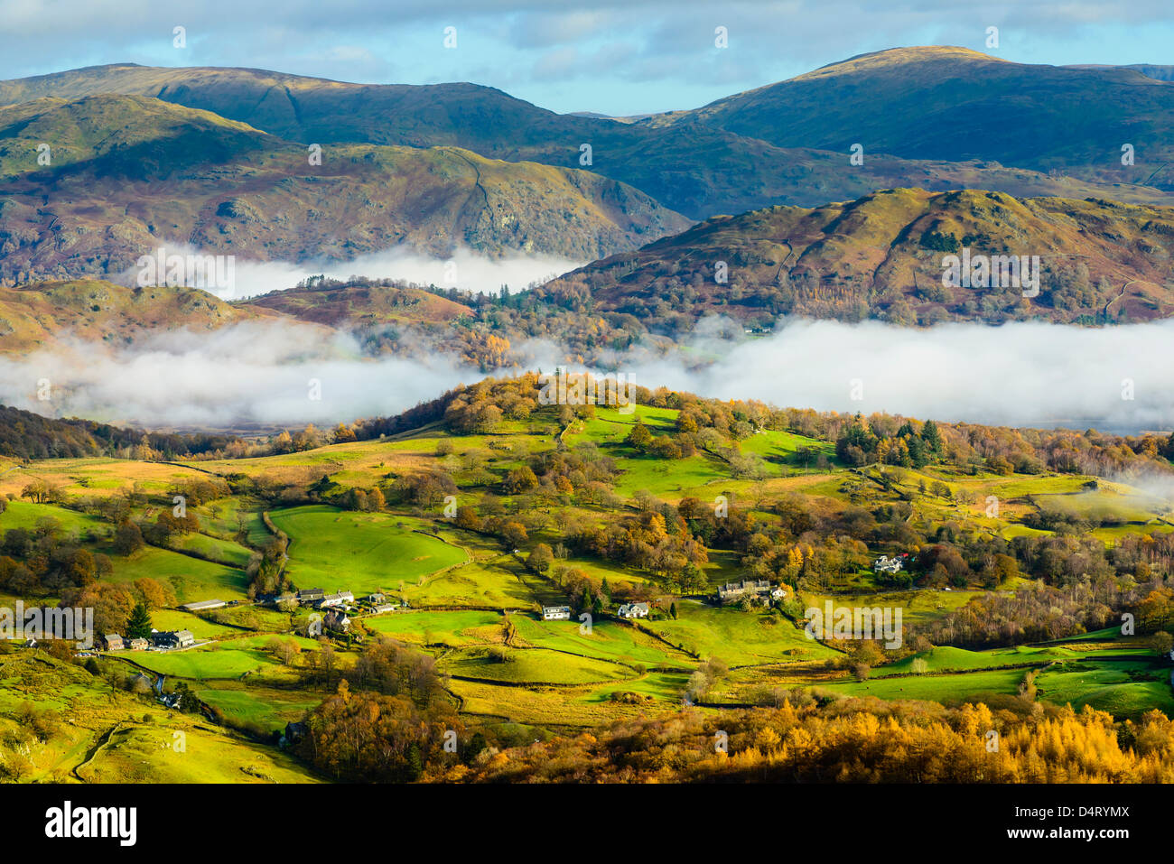 Cloud inversion in the valley of the River Brathay near Ambleside in ...