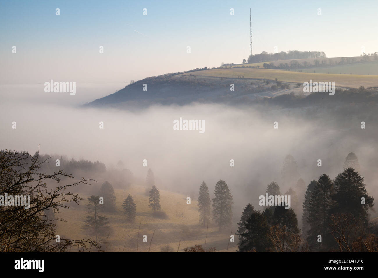 A morning view of Hannington Television mast on Cottington Hill in Hampshire seen from the Wayfarer's Walk on Cannon Heath Down Stock Photo