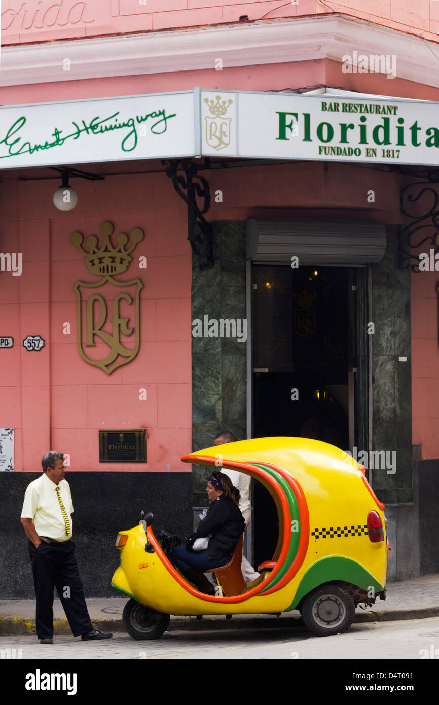 Coco Taxi Outside Floridita Bar in Obispo Havana Cuba Stock Photo